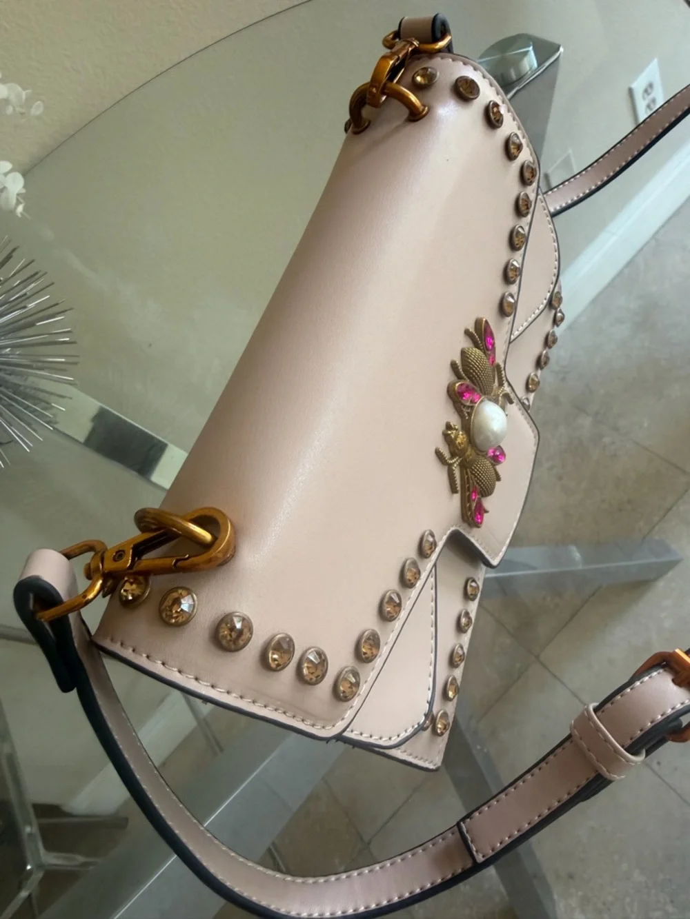 Blush Pink Studded Crossbody Bag with Bee Emblem